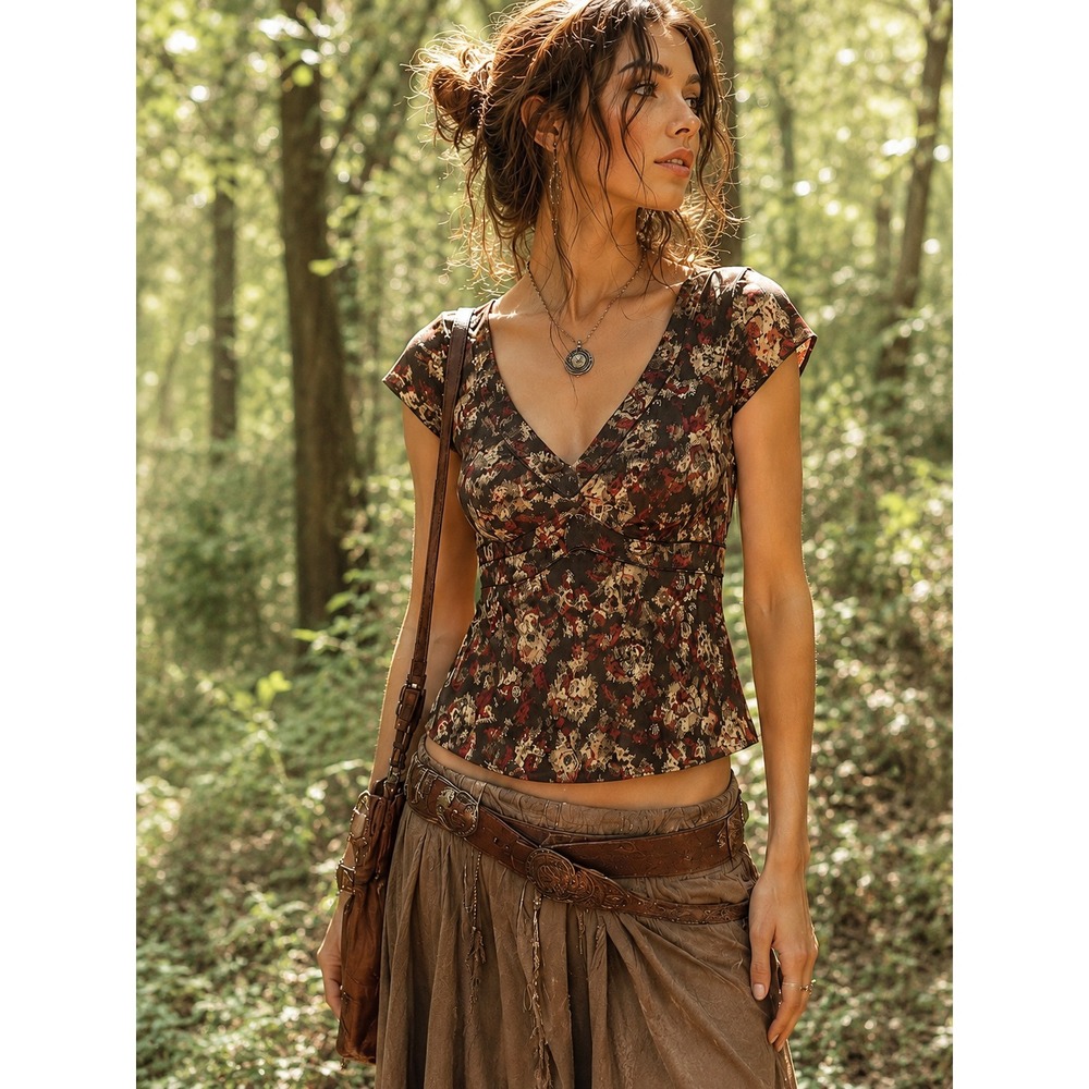 VTG Y2k 90s Women's Babydoll Top V-Neck Brown Layered Fairy Boho Sz 4